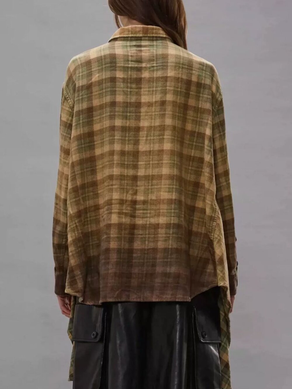 NWT R13 Draped Front Shirt - Khaki to Brown Ombre Plaid - Picture 4 of 11
